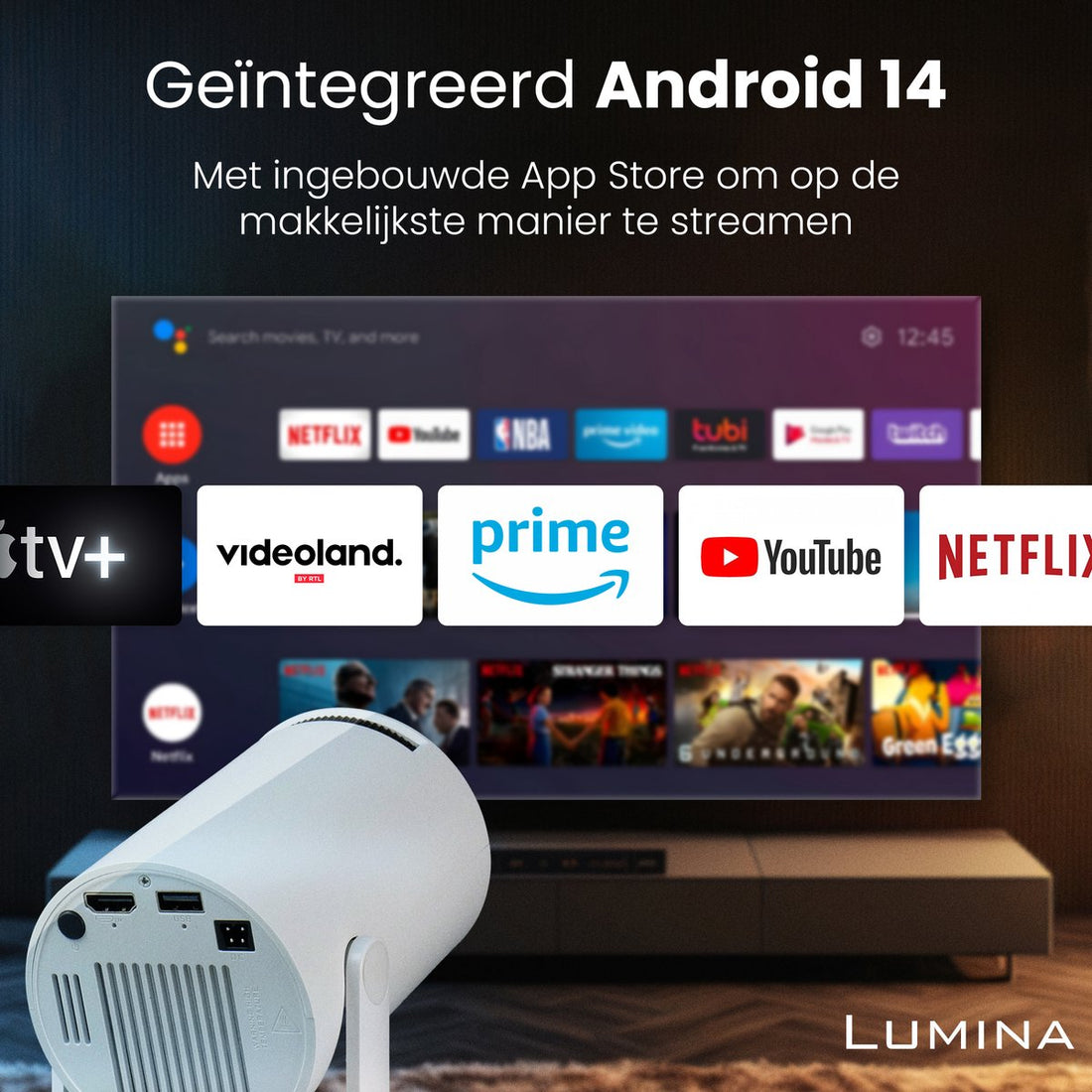 Novabeam® Pro Mini Beamer 2025 – Smart Projector met 4K-ondersteuning – Voor iOS & Android - Android 14 - WiFi 6 & Bluetooth 5.4 – Thuisbioscoop – Wit