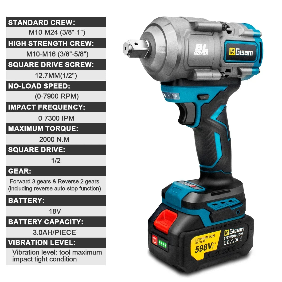 Gisam 2000N.M Brushless Electric Wrench 1/2 inch Impact Wrench Cordless ScrewdriverWrench Power Tools For Makita 18V Battery Pin