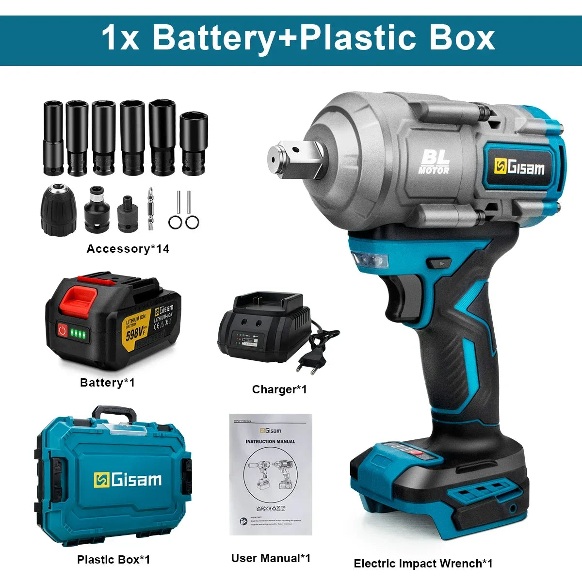 Gisam 2000N.M Brushless Electric Wrench 1/2 inch Impact Wrench Cordless ScrewdriverWrench Power Tools For Makita 18V Battery Pin