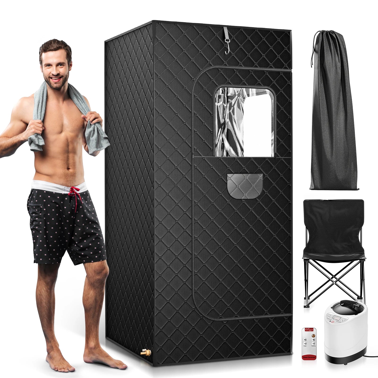 1000W Full Body Home Steam Sauna Set 3L Large Steam Pot One Person Sauna Spa with Time Temperature Remote Control Detox Therapy
