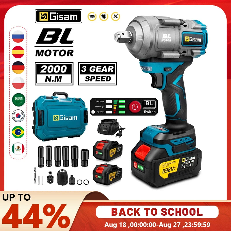 Gisam 2000N.M Brushless Electric Wrench 1/2 inch Impact Wrench Cordless ScrewdriverWrench Power Tools For Makita 18V Battery Pin