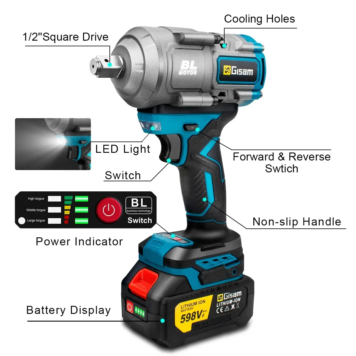 Gisam 2000N.M Brushless Electric Wrench 1/2 inch Impact Wrench Cordless ScrewdriverWrench Power Tools For Makita 18V Battery Pin